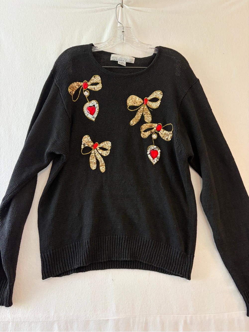 Vintage Gold Bow Sequin Heart Black Knit Sweater